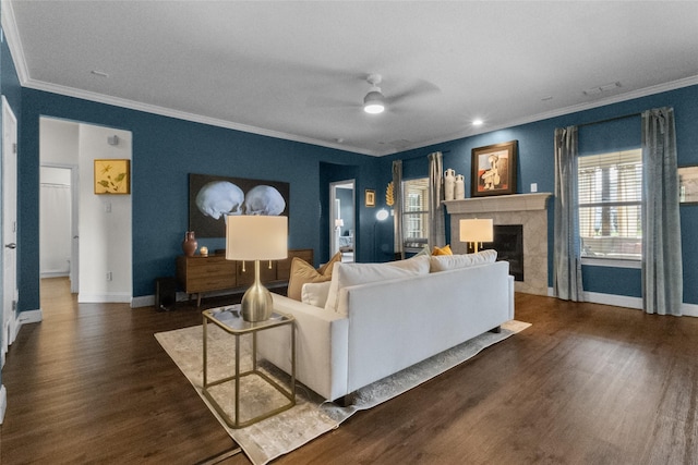 13625 Fishing Hole Ln, Fort Worth, TX 76052 - living area featuring crown molding, dark wood-type flooring, a ceiling fan, baseboards, and a tiled fireplace