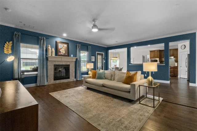 13625 Fishing Hole Ln, Fort Worth, TX 76052 - living room with ornamental molding, ceiling fan, dark wood-style flooring, baseboards, and plenty of natural light