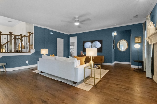 13625 Fishing Hole Ln, Fort Worth, TX 76052 - living room featuring a ceiling fan, ornamental molding, wood finished floors, and baseboards