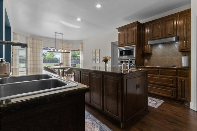 13625 Fishing Hole Ln, Fort Worth, TX 76052 - kitchen with ventilation hood, a sink, stainless steel appliances, an island with sink, and tasteful backsplash