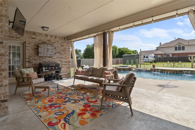 13625 Fishing Hole Ln, Fort Worth, TX 76052 - fenced backyard with a pool with connected hot tub, a patio area, an outdoor hangout area, and area for grilling