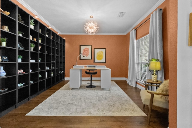 13625 Fishing Hole Ln, Fort Worth, TX 76052 - office space with wood finished floors, ornamental molding, a chandelier, and baseboards