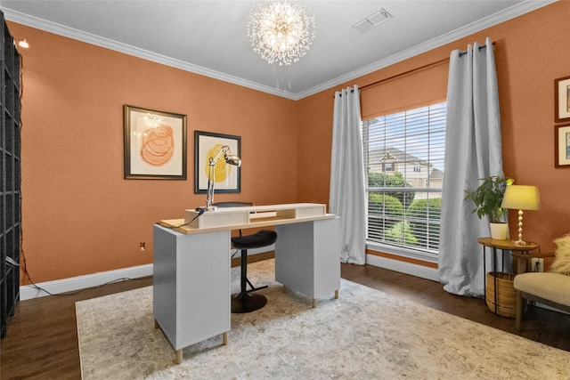 13625 Fishing Hole Ln, Fort Worth, TX 76052 - office space featuring a chandelier, wood finished floors, crown molding, and baseboards