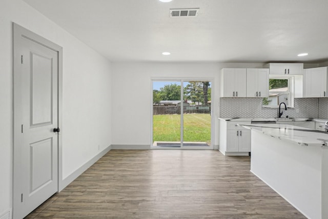 112 Gordon Dr, Azle, TX 76020 - kitchen with white cabinetry, decorative backsplash, wood finished floors, recessed lighting, and a sink