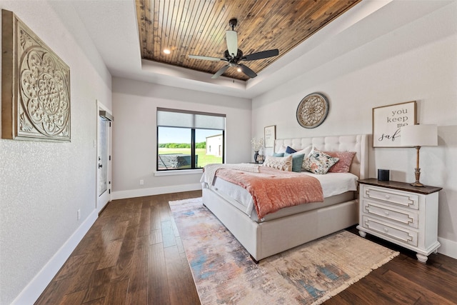 139 County Road 2525, Decatur, TX 76234 - bedroom with a tray ceiling, dark wood-style floors, wooden ceiling, baseboards, and ceiling fan