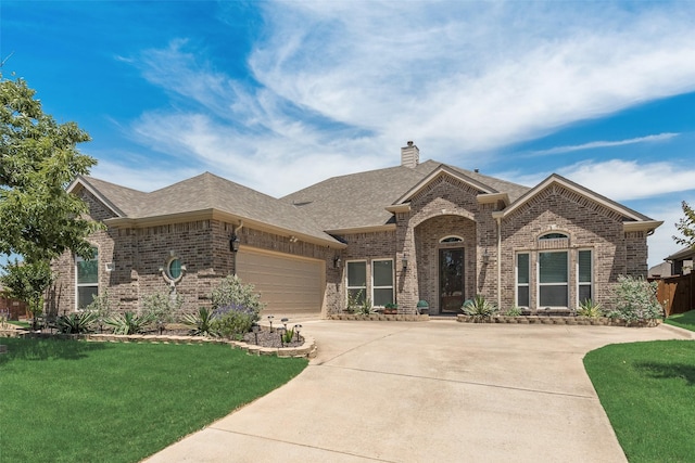 12748 Oakvale Trl, Fort Worth, TX 76244 - french country home featuring brick siding, a shingled roof, a front yard, and a chimney