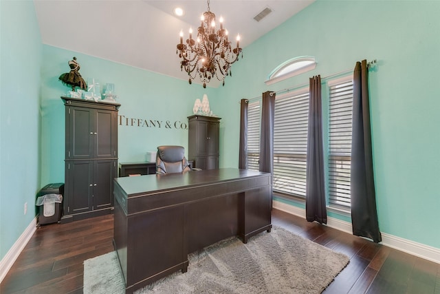 12748 Oakvale Trl, Fort Worth, TX 76244 - home office featuring a chandelier, dark wood-type flooring, lofted ceiling, and baseboards