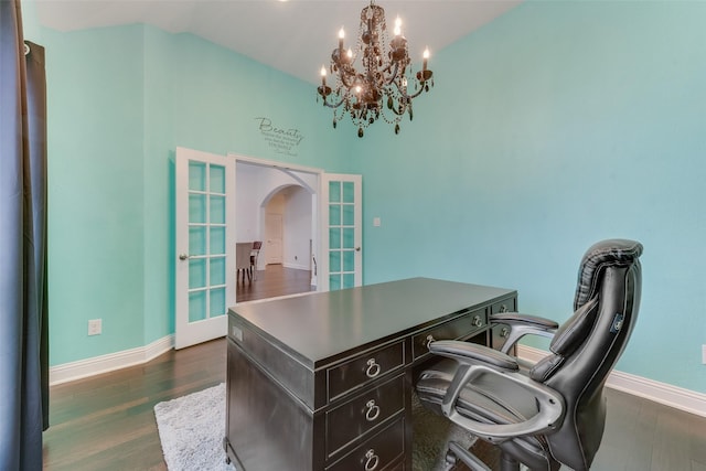 12748 Oakvale Trl, Fort Worth, TX 76244 - office area featuring french doors, baseboards, arched walkways, a chandelier, and high vaulted ceiling