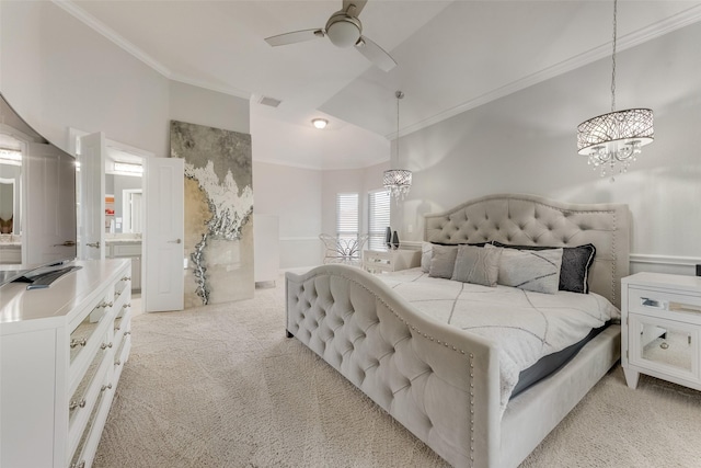 12748 Oakvale Trl, Fort Worth, TX 76244 - bedroom with crown molding, a chandelier, light carpet, lofted ceiling, and a ceiling fan