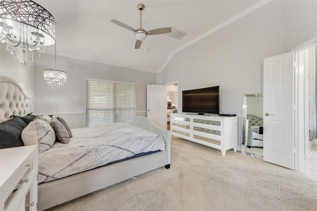 12748 Oakvale Trl, Fort Worth, TX 76244 - bedroom with carpet, a chandelier, high vaulted ceiling, crown molding, and a ceiling fan