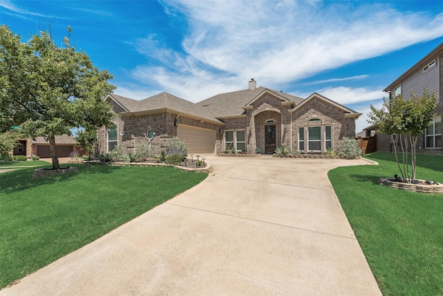 12748 Oakvale Trl, Fort Worth, TX 76244 - view of front of house with brick siding, a front lawn, a garage, and a chimney