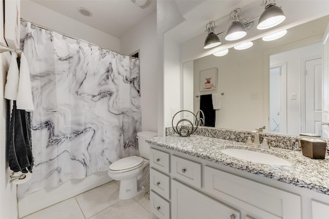12748 Oakvale Trl, Fort Worth, TX 76244 - full bathroom with vanity, tile patterned floors, toilet, and a shower with shower curtain