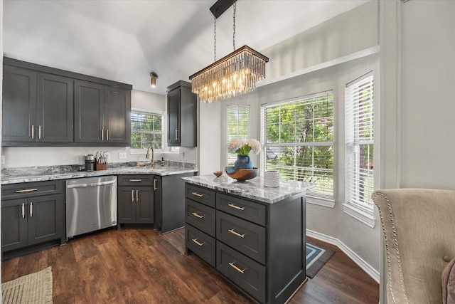 509 Windsor Way, Rockwall, TX 75087 - kitchen featuring stainless steel dishwasher, a sink, light stone counters, vaulted ceiling, and dark wood-style flooring
