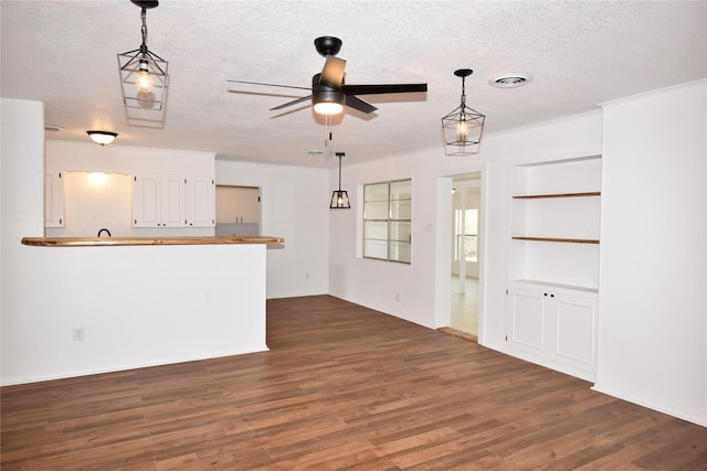 2013 S High St, Brady, TX 76825 - unfurnished living room featuring a textured ceiling, dark wood-style floors, ceiling fan, and built in features
