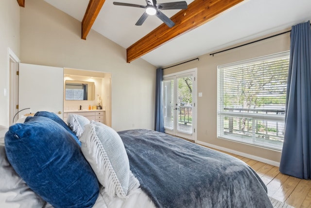 215 N Beverly Dr, Malakoff, TX 75148 - bedroom with access to outside, light wood finished floors, ensuite bath, and ceiling fan