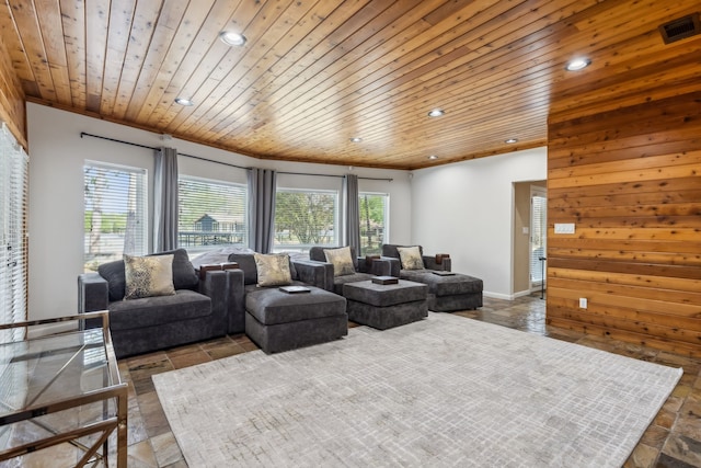 215 N Beverly Dr, Malakoff, TX 75148 - living area featuring wooden ceiling, recessed lighting, and stone finish flooring