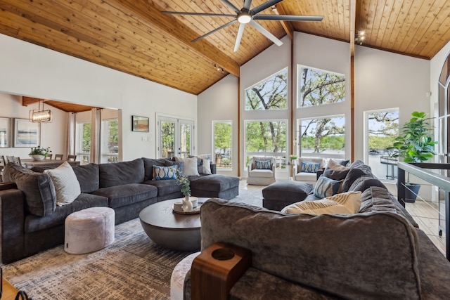 215 N Beverly Dr, Malakoff, TX 75148 - living area with a wood ceiling with exposed beams, high vaulted ceiling, and ceiling fan