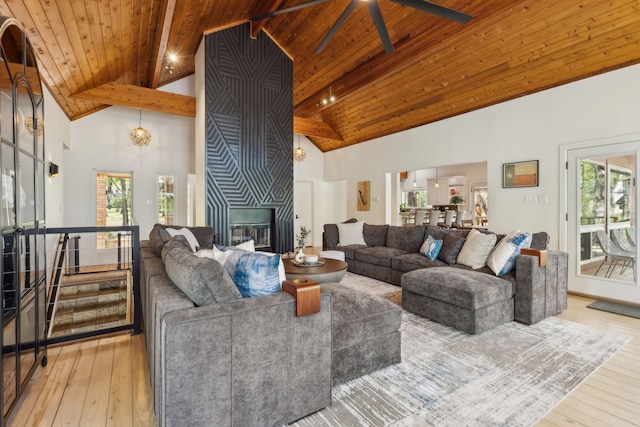 215 N Beverly Dr, Malakoff, TX 75148 - living area with high vaulted ceiling, wood ceiling with exposed beams, wood-type flooring, ceiling fan, and a fireplace