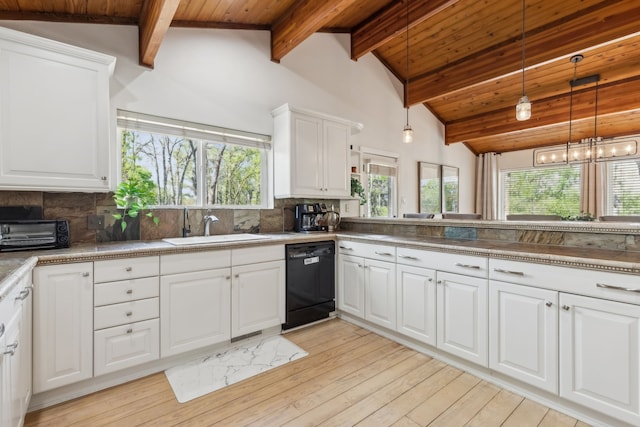 215 N Beverly Dr, Malakoff, TX 75148 - kitchen featuring black dishwasher, wooden ceiling, light wood-style flooring, plenty of natural light, and backsplash