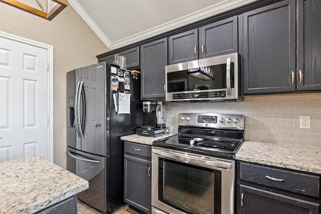 305 Margaret St, Fate, TX 75189 - kitchen with appliances with stainless steel finishes, backsplash, crown molding, and light stone counters
