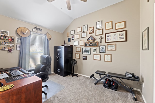 305 Margaret St, Fate, TX 75189 - carpeted office featuring a ceiling fan, lofted ceiling, and baseboards