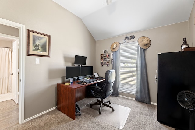 305 Margaret St, Fate, TX 75189 - office featuring vaulted ceiling, baseboards, carpet floors, and ceiling fan