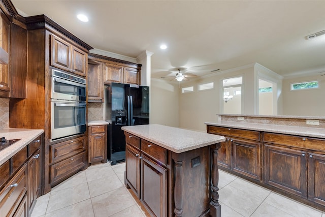 2917 Cascade Dr, Plano, TX 75025 - kitchen featuring black fridge, backsplash, light tile patterned floors, a ceiling fan, and recessed lighting