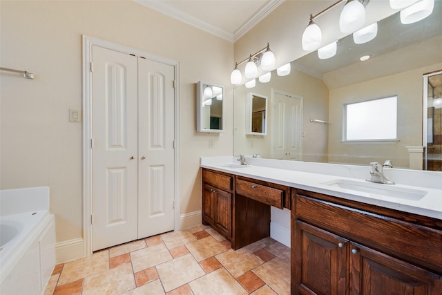 2917 Cascade Dr, Plano, TX 75025 - bathroom with crown molding, double vanity, a bath, baseboards, and stone finish flooring