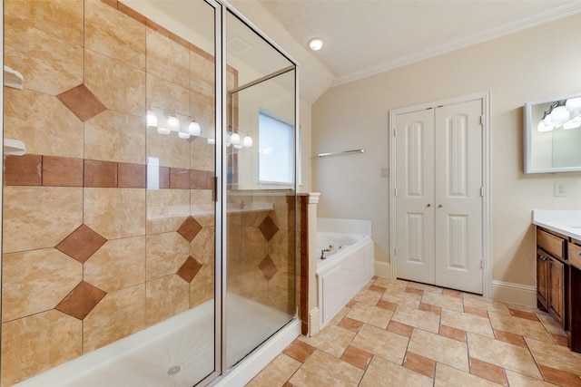 2917 Cascade Dr, Plano, TX 75025 - bathroom featuring vanity, a bath, a shower stall, crown molding, and baseboards