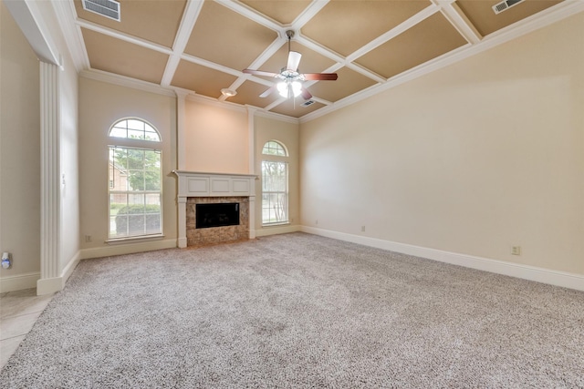 2917 Cascade Dr, Plano, TX 75025 - unfurnished living room with coffered ceiling, ceiling fan, a tiled fireplace, light carpet, and baseboards