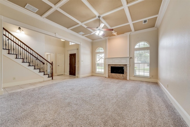 2917 Cascade Dr, Plano, TX 75025 - unfurnished living room with coffered ceiling, carpet, ceiling fan, baseboards, and a tiled fireplace
