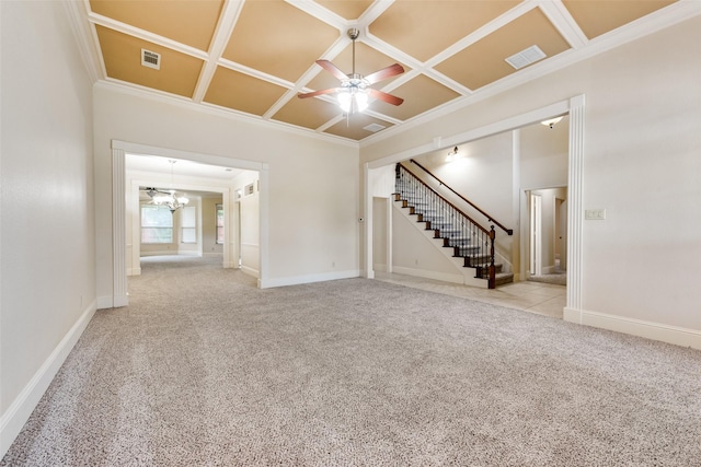 2917 Cascade Dr, Plano, TX 75025 - unfurnished living room with stairway, carpet floors, a ceiling fan, a chandelier, and baseboards