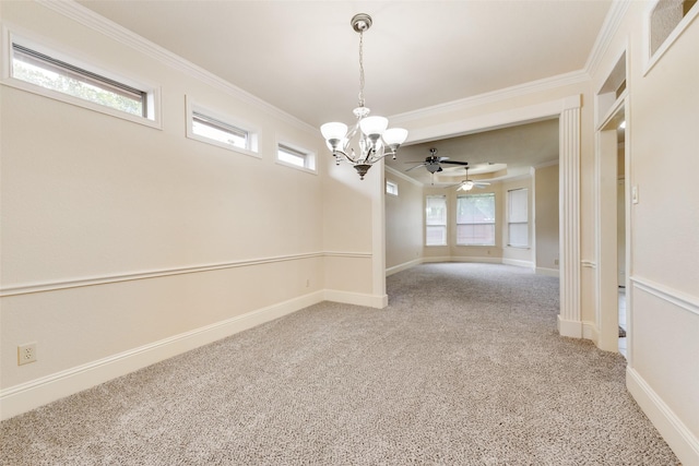 2917 Cascade Dr, Plano, TX 75025 - carpeted empty room with a chandelier, ornamental molding, baseboards, and ceiling fan