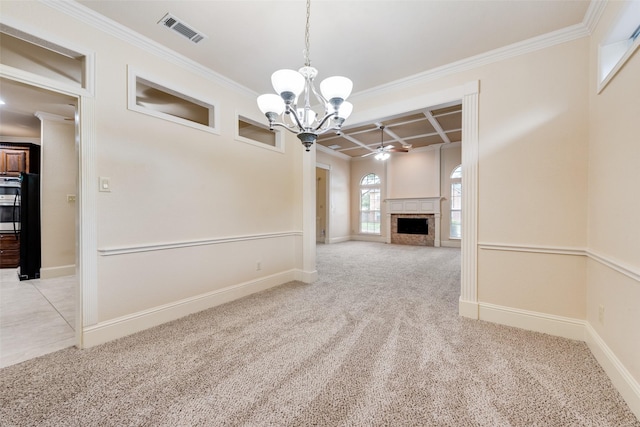 2917 Cascade Dr, Plano, TX 75025 - unfurnished dining area with a ceiling fan, a chandelier, coffered ceiling, light colored carpet, and ornamental molding