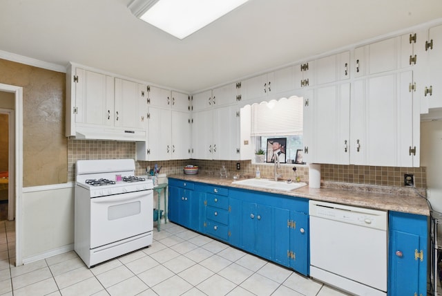 210 Aikens St, Lipan, TX 76462 - kitchen featuring blue cabinets, white appliances, under cabinet range hood, a sink, and backsplash
