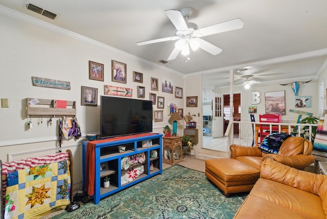 210 Aikens St, Lipan, TX 76462 - living area with ceiling fan, ornamental molding, and tile patterned floors