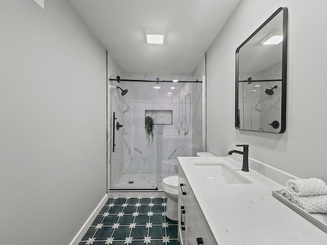 102 Bois D Arc St, Whitesboro, TX 76273 - bathroom featuring toilet, vanity, a marble finish shower, tile patterned floors, and baseboards