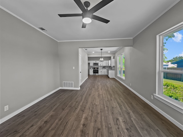102 Bois D Arc St, Whitesboro, TX 76273 - unfurnished living room with baseboards, crown molding, ceiling fan, and dark wood-style floors