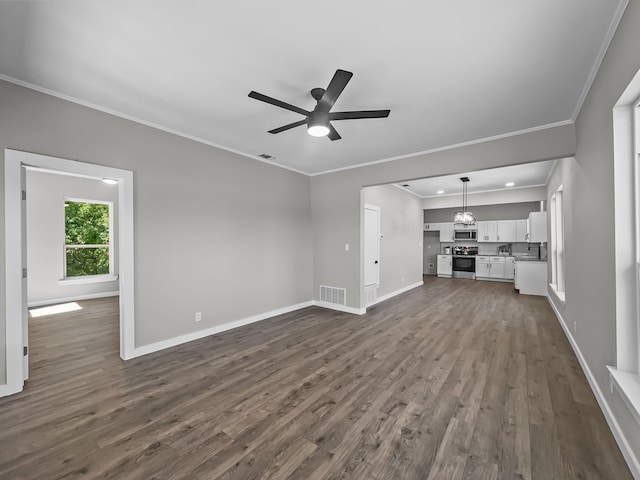 102 Bois D Arc St, Whitesboro, TX 76273 - unfurnished living room featuring baseboards, dark wood-style floors, crown molding, and ceiling fan