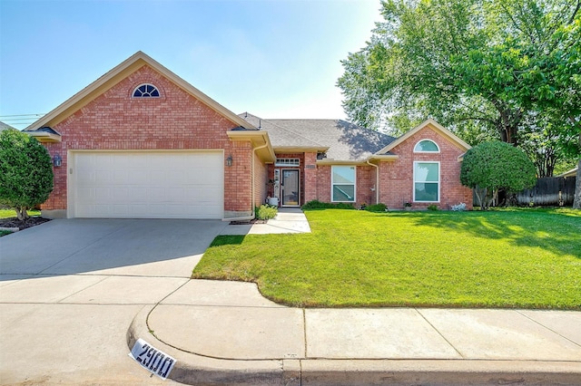 2900 Miles Way, Bedford, TX 76021 - view of front facade with brick siding, a garage, a front lawn, concrete driveway, and a shingled roof