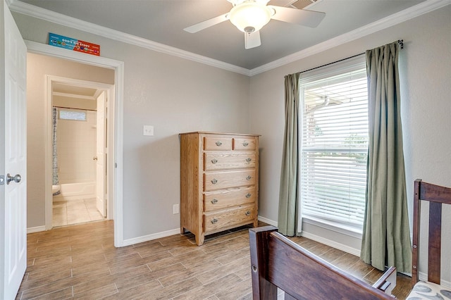 2900 Miles Way, Bedford, TX 76021 - bedroom featuring crown molding, multiple windows, baseboards, light wood finished floors, and a ceiling fan
