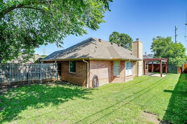 2900 Miles Way, Bedford, TX 76021 - back of property featuring a pergola, brick siding, a chimney, roof with shingles, and a patio area