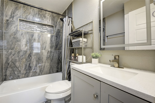 12111 Galva Dr, Dallas, TX 75243 - full bathroom featuring vanity, a textured wall, shower / bath combo, and toilet
