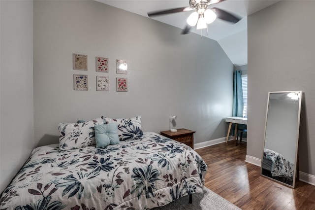 1350 Amistad Dr, Prosper, TX 75078 - bedroom with wood finished floors, lofted ceiling, baseboards, and ceiling fan