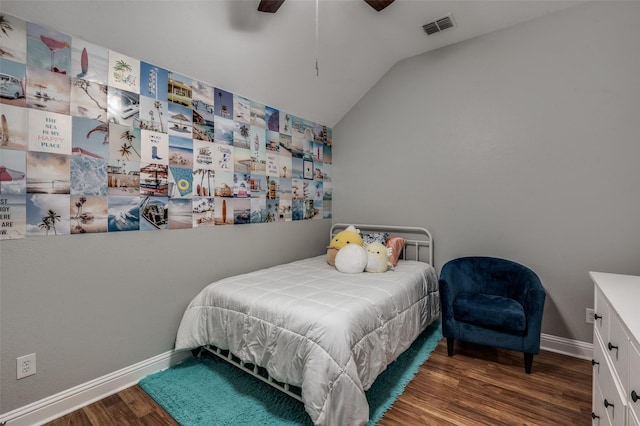 1350 Amistad Dr, Prosper, TX 75078 - bedroom with wood finished floors, vaulted ceiling, baseboards, and a ceiling fan