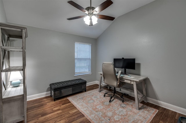 1350 Amistad Dr, Prosper, TX 75078 - home office featuring lofted ceiling, a ceiling fan, baseboards, and wood finished floors