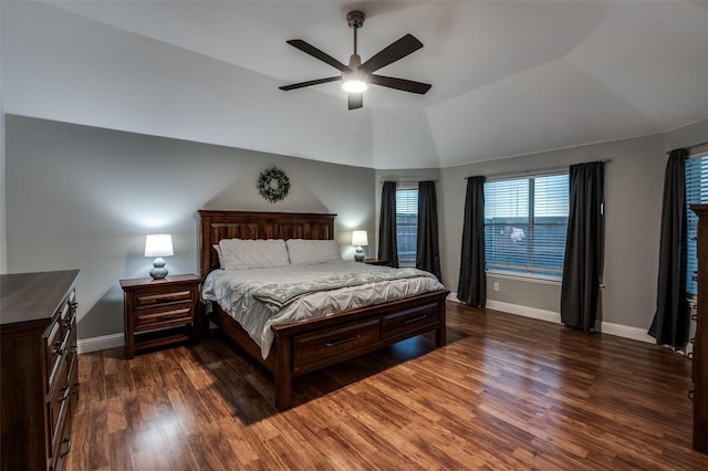 1350 Amistad Dr, Prosper, TX 75078 - bedroom featuring dark wood-style flooring, baseboards, vaulted ceiling, and a ceiling fan