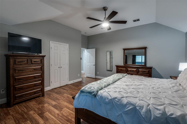1350 Amistad Dr, Prosper, TX 75078 - bedroom with vaulted ceiling, dark wood-type flooring, baseboards, and a ceiling fan