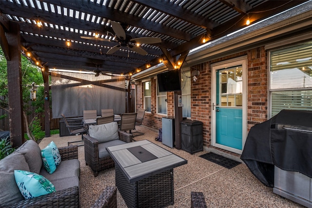 1350 Amistad Dr, Prosper, TX 75078 - view of patio featuring ceiling fan, a pergola, an outdoor living space, and outdoor dining space