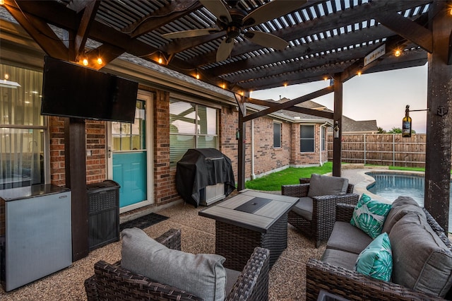 1350 Amistad Dr, Prosper, TX 75078 - fenced backyard with outdoor lounge area, a pergola, area for grilling, a ceiling fan, and a patio